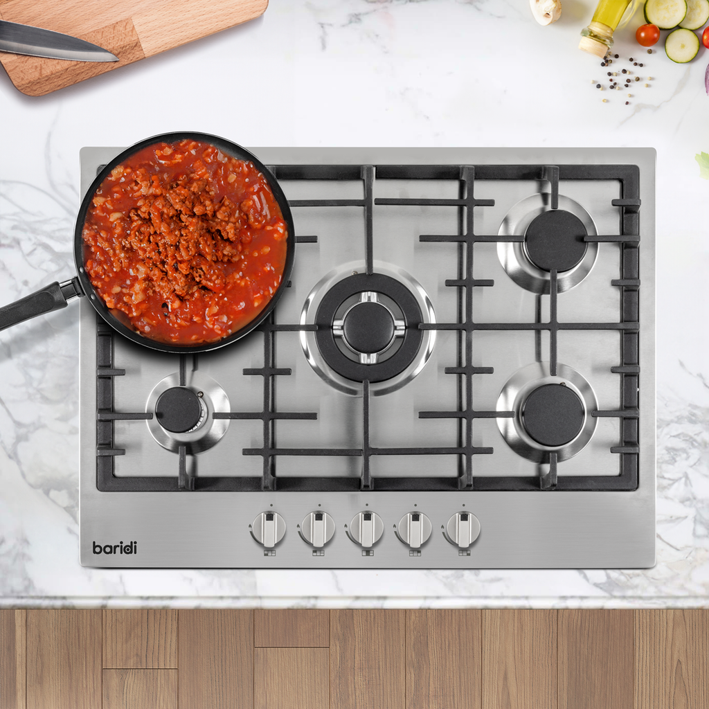 Baridi Built-in Gas Hob 70cm, 5 Cooking Zones, Stainless Steel (DH227)