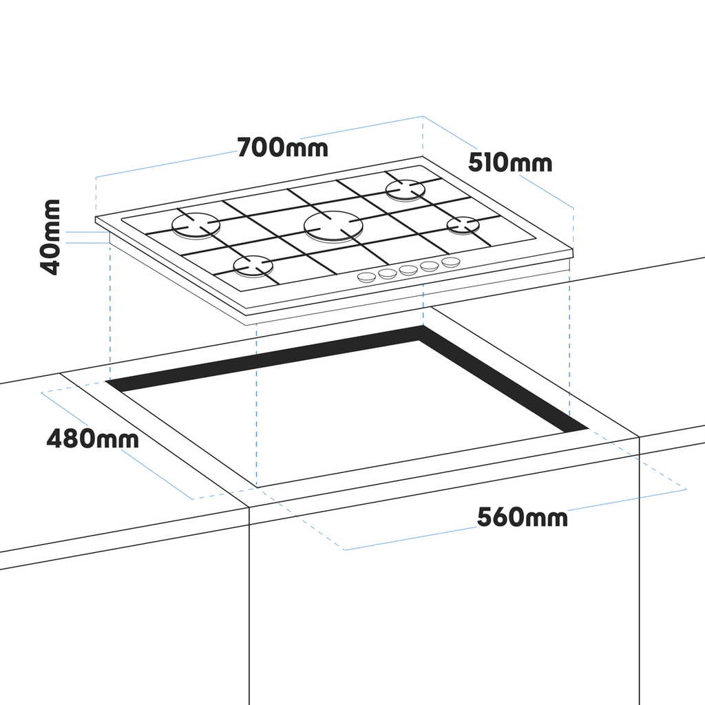Baridi Built-in Gas Hob 70cm, 5 Cooking Zones, Black (DH228)
