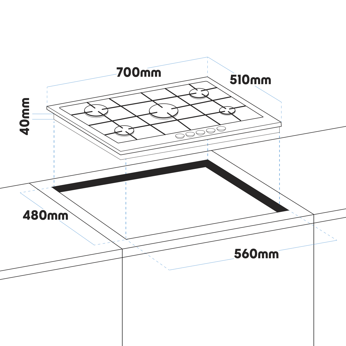 Baridi Built-in Gas Hob 70cm, 5 Cooking Zones, Black (DH228)