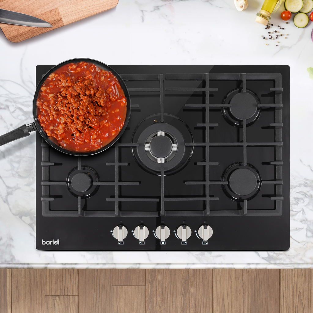 Baridi Built-in Gas Hob 70cm, 5 Cooking Zones, Black (DH228)