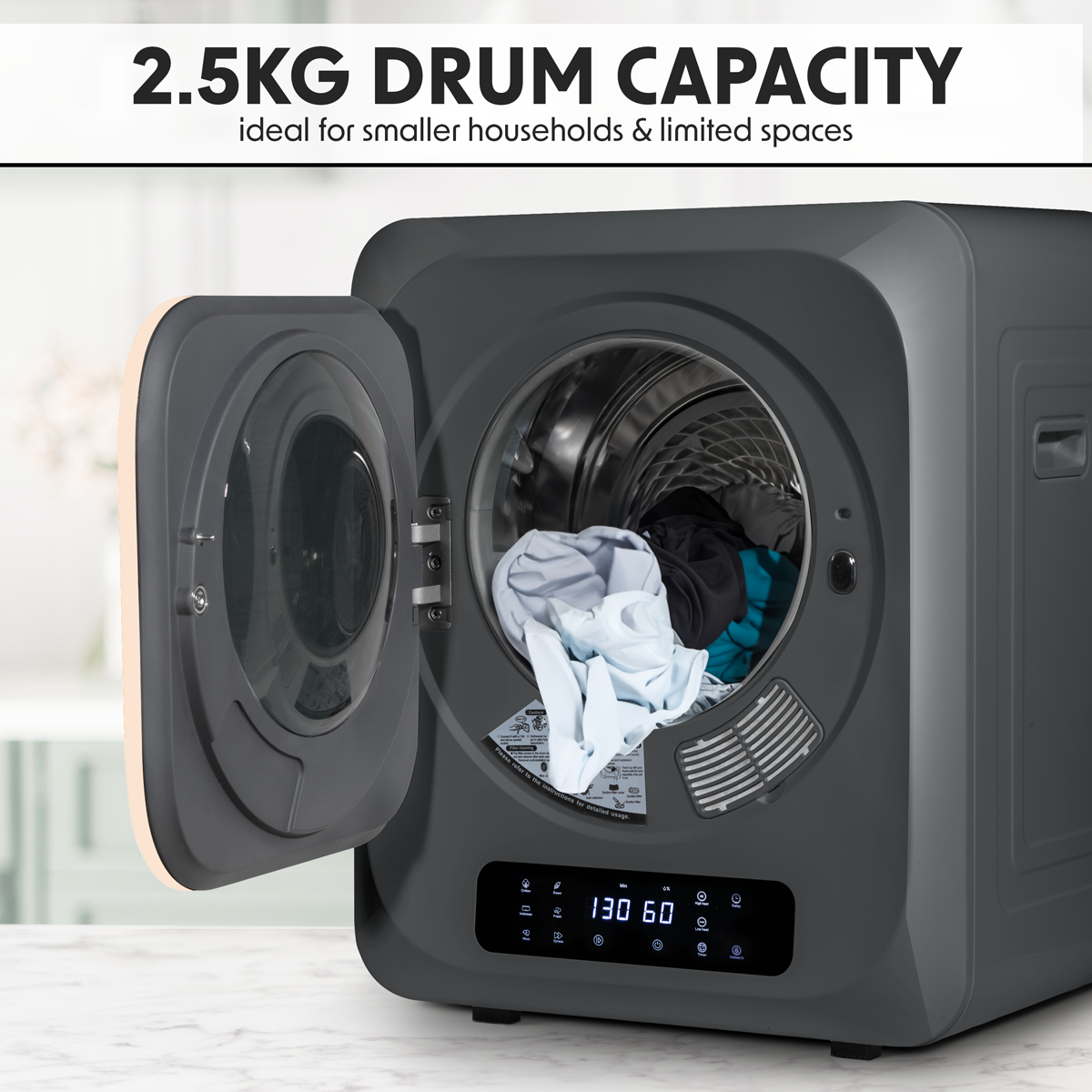 Baridi Tabletop Tumble Dryer with Digital Controls, 2.5kg Capacity, Black (DH229)