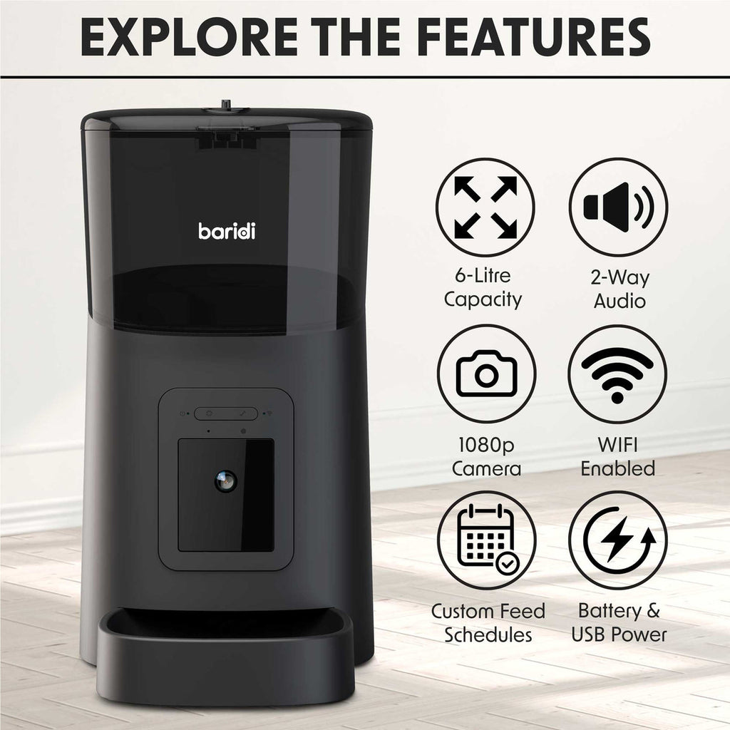 Baridi Automatic Pet Feeder with Camera, 6L Capacity, Black (DH231)