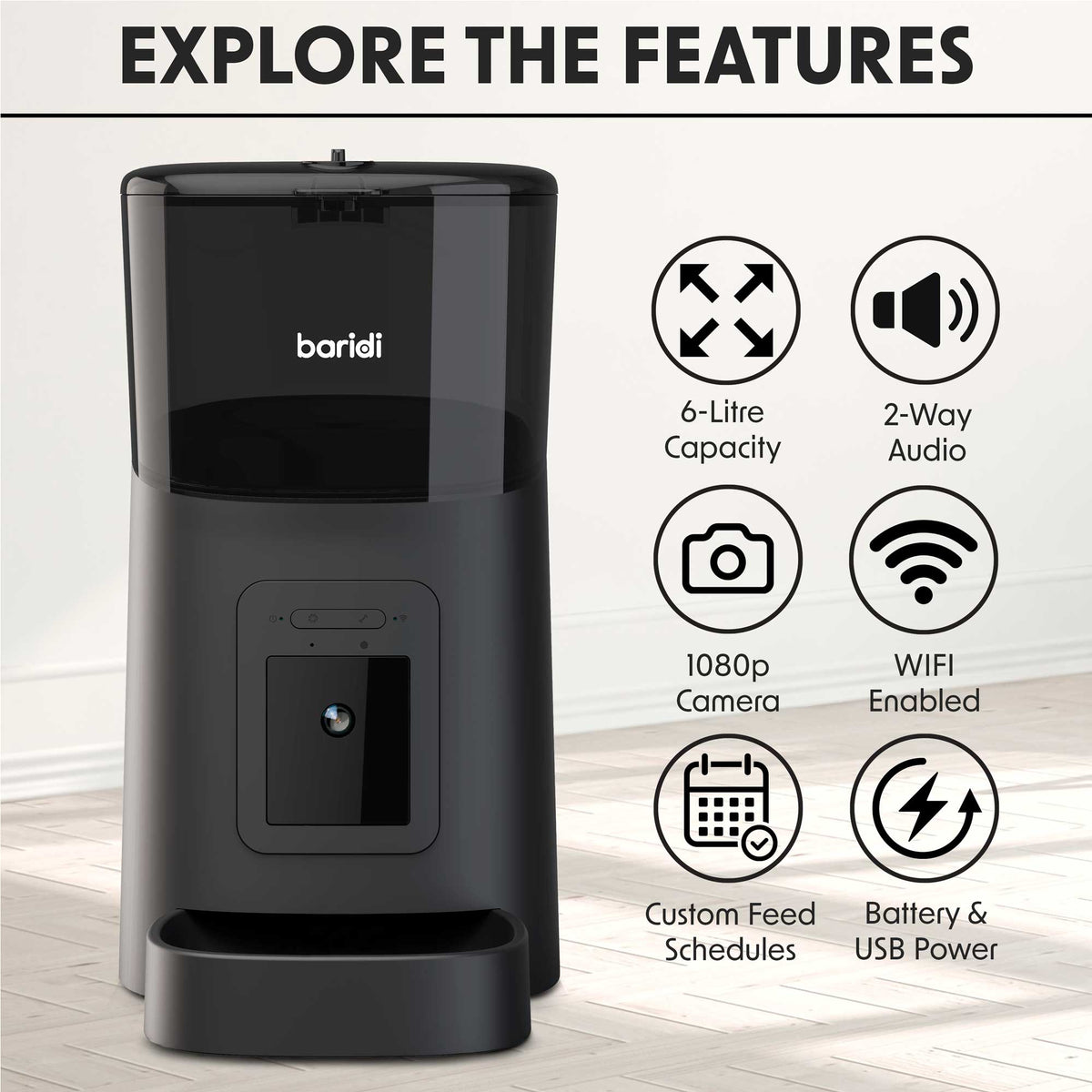 Baridi Automatic Pet Feeder with Camera, 6L Capacity, Black (DH231)