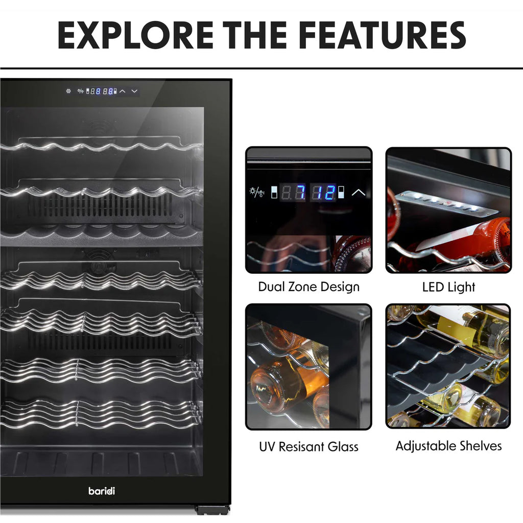 Baridi DH236 Dual Zone Wine Cooler Fridge with Digital Touchscreen Controls, LED Light, 52 Bottle Capacity, Black