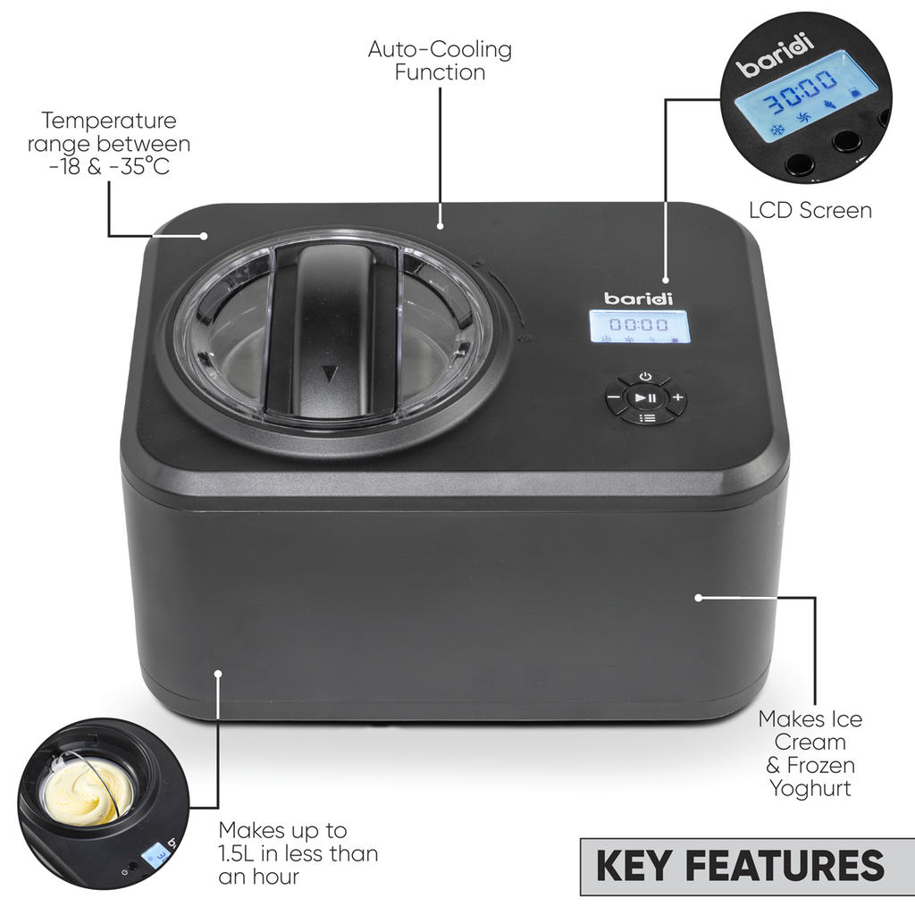 Baridi Automatic Churning Ice Cream Machine, 1.5L Capacity, Black (DH240)