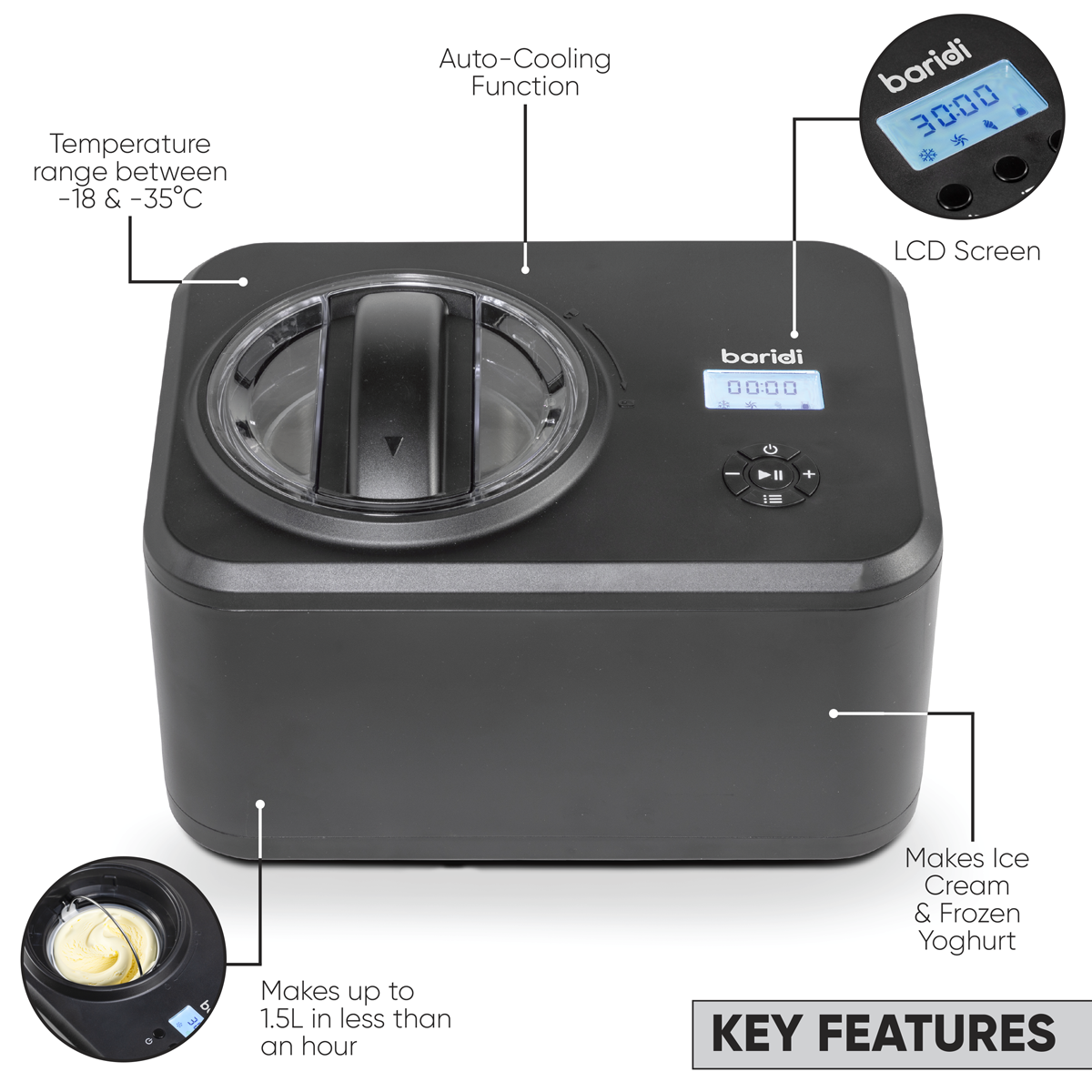 Baridi Automatic Churning Ice Cream Machine, 1.5L Capacity, Black (DH240)