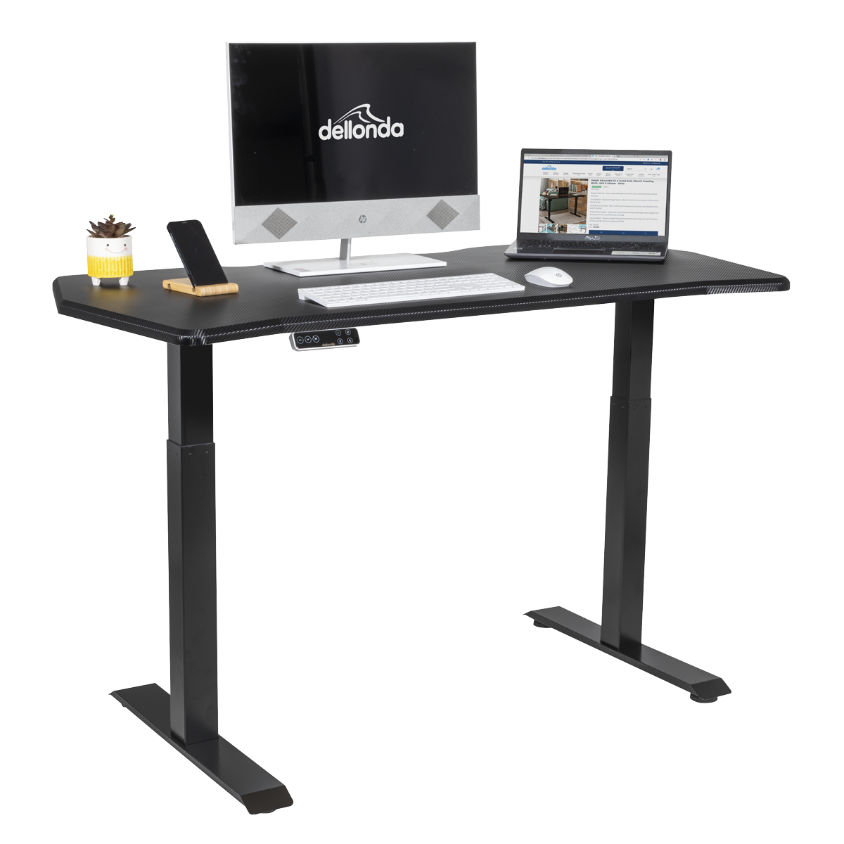 Dellonda Carbon Fibre Effect Electric Height Adjustable Standing Desk, 1400 x 700mm Dual Motor 100kg
