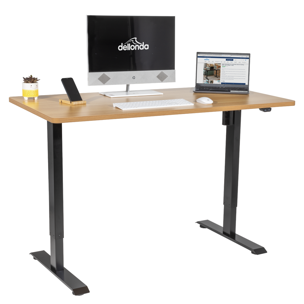 Dellonda Single Motor Height-Adjustable Desk, 140 x 70cm, Oak Desktop (DH242)