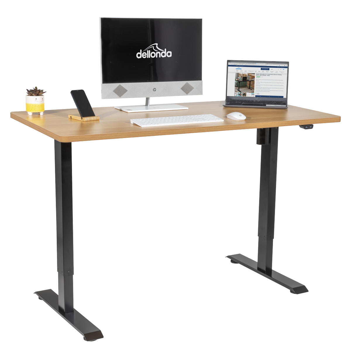 Dellonda Single Motor Height-Adjustable Desk, 140 x 70cm, Oak Desktop (DH242)