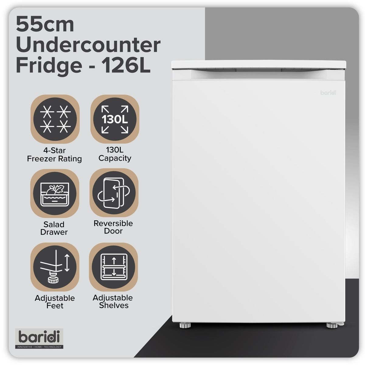 Baridi 55cm Undercounter Larder Fridge, 130L Capacity - White