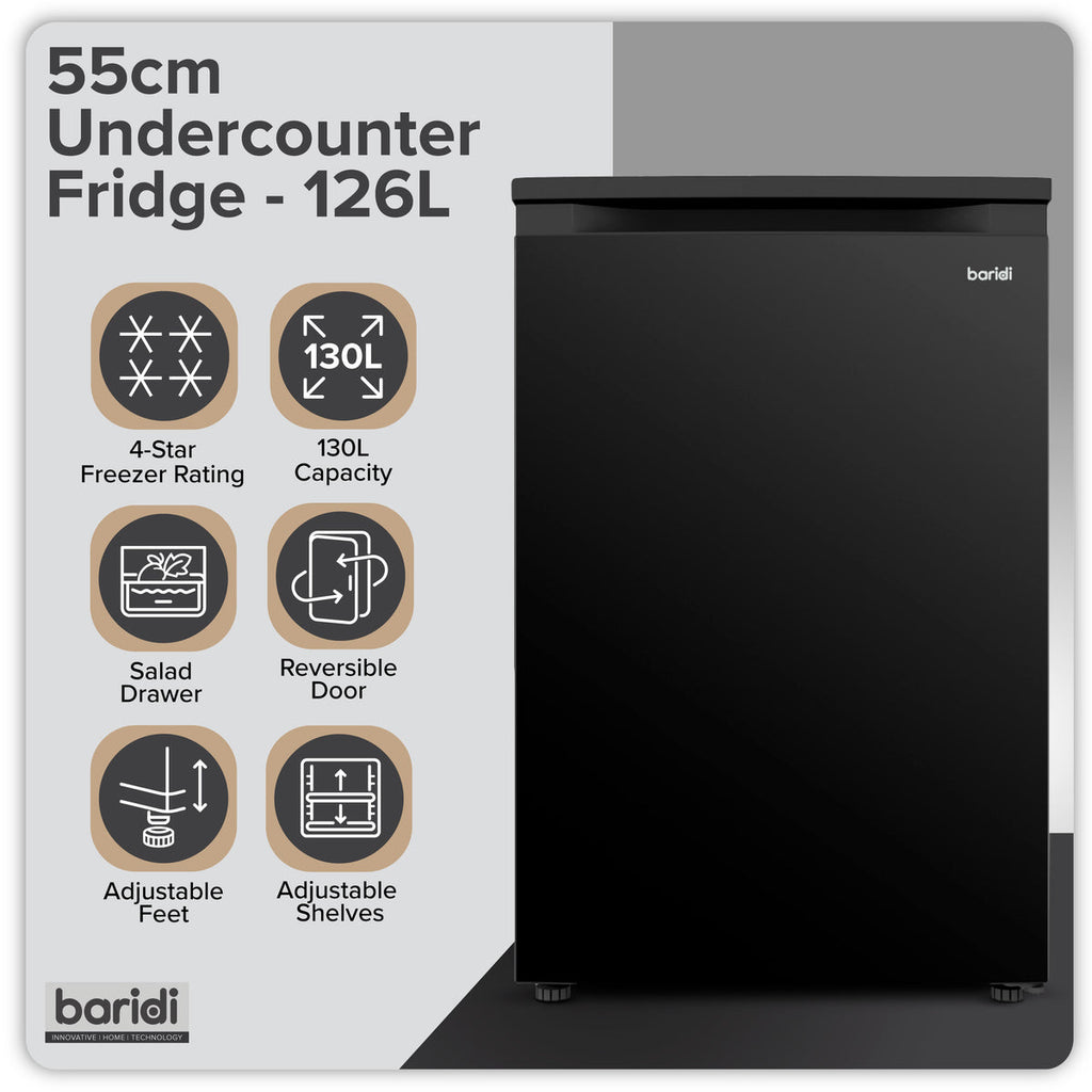 Baridi 55cm Undercounter Larder Fridge, 130L Capacity - Black