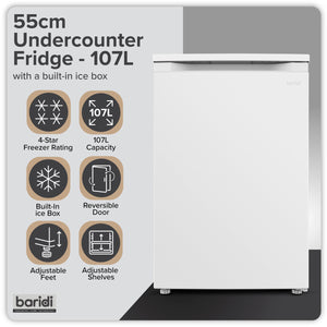 Baridi 55cm Freestanding Undercounter Fridge with Ice Box 107L - White