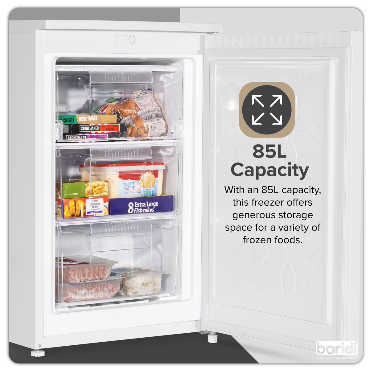 Baridi Freestanding Undercounter Freezer, 85L Capacity, White (DH250) (Factory Refurbished A)