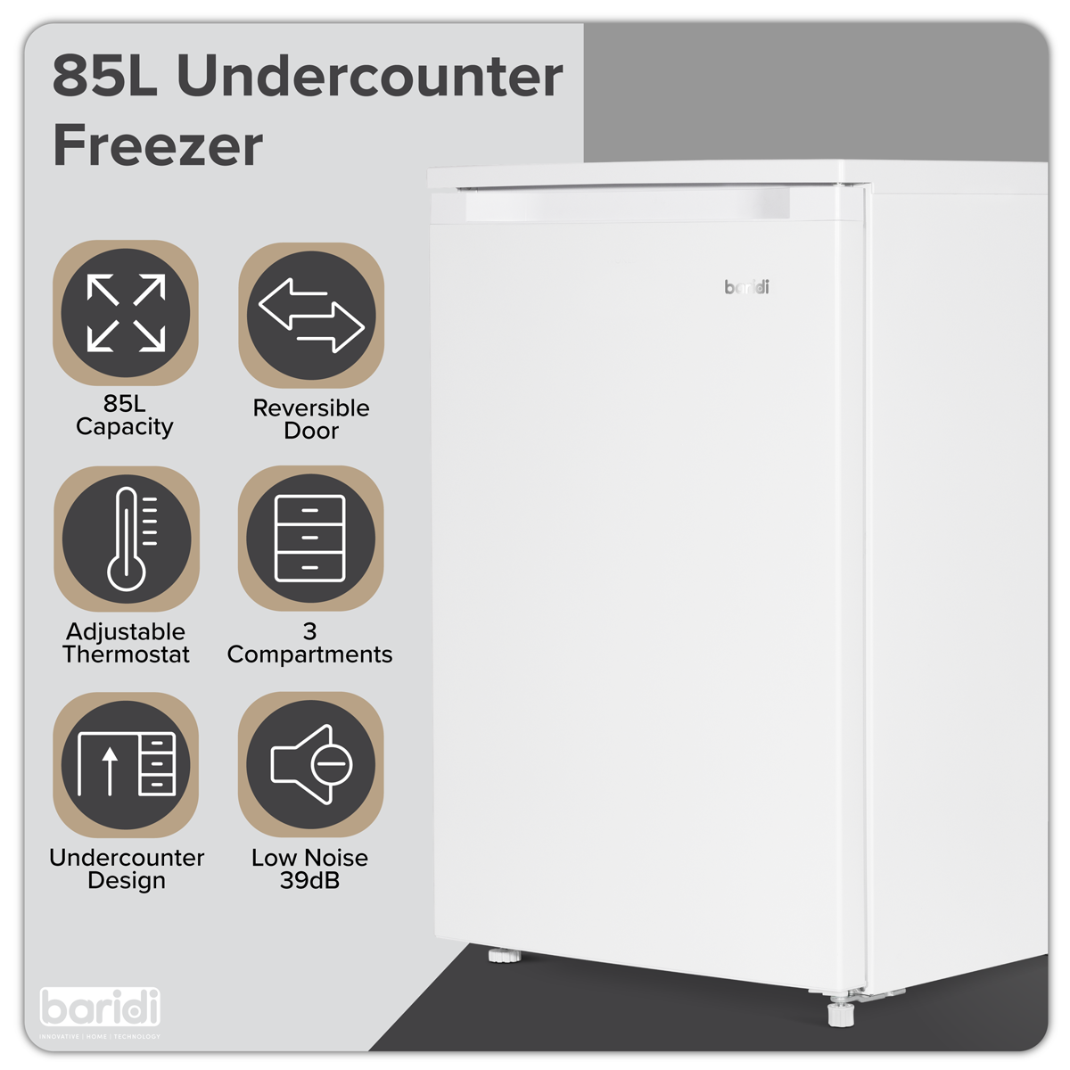 Baridi Freestanding Undercounter Freezer, 85L Capacity, White (DH250) (Factory Refurbished A)