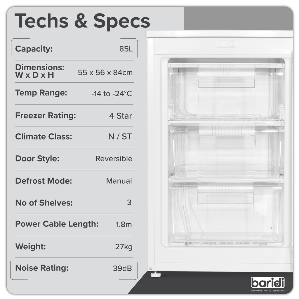 Baridi Freestanding Undercounter Freezer, 85L Capacity, White (DH250)
