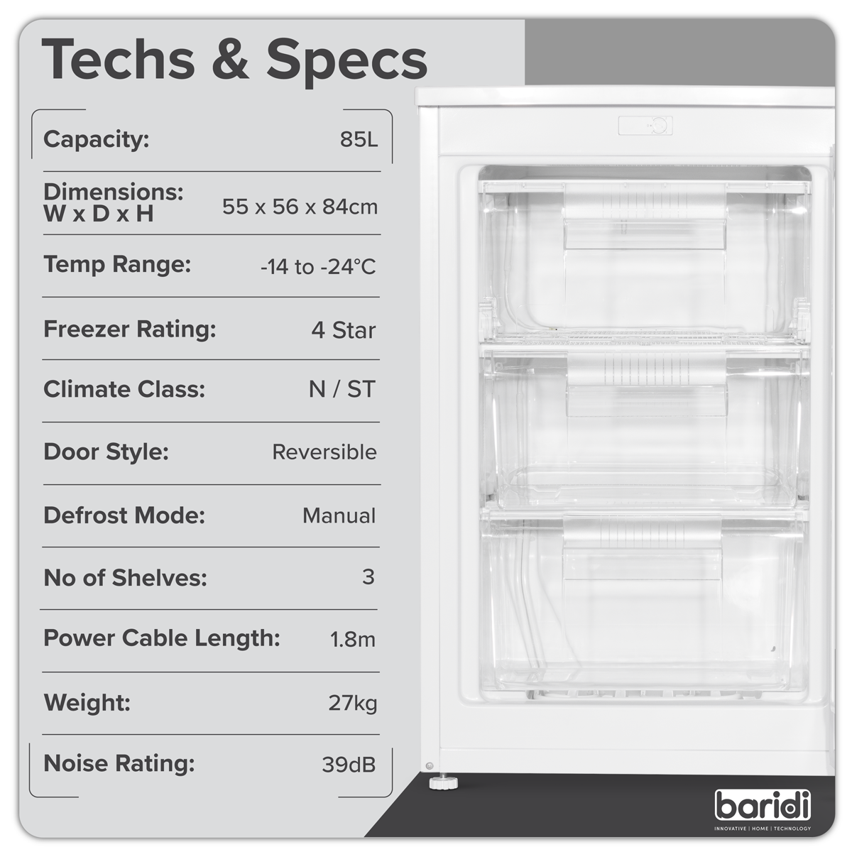 Baridi Freestanding Undercounter Freezer, 85L Capacity, White (DH250)