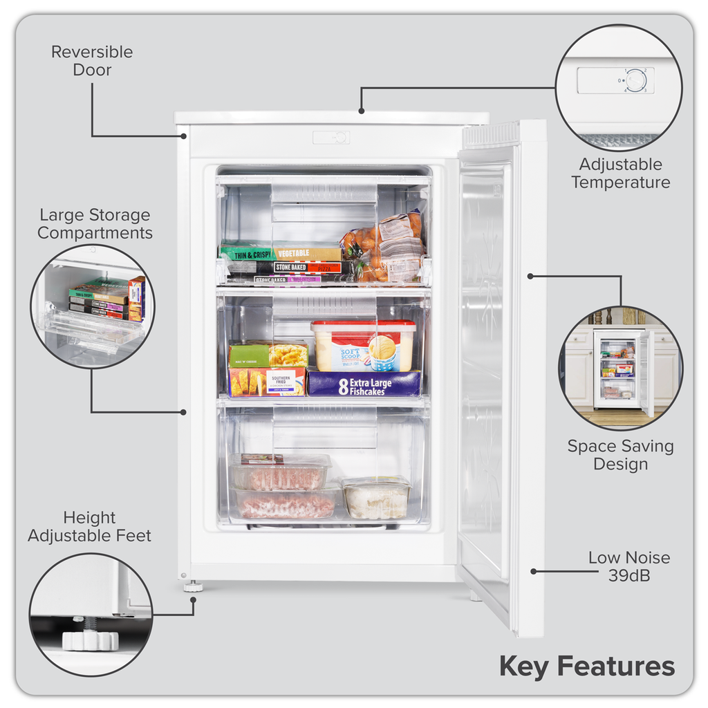 Baridi Freestanding Undercounter Freezer, 85L Capacity, White (DH250)