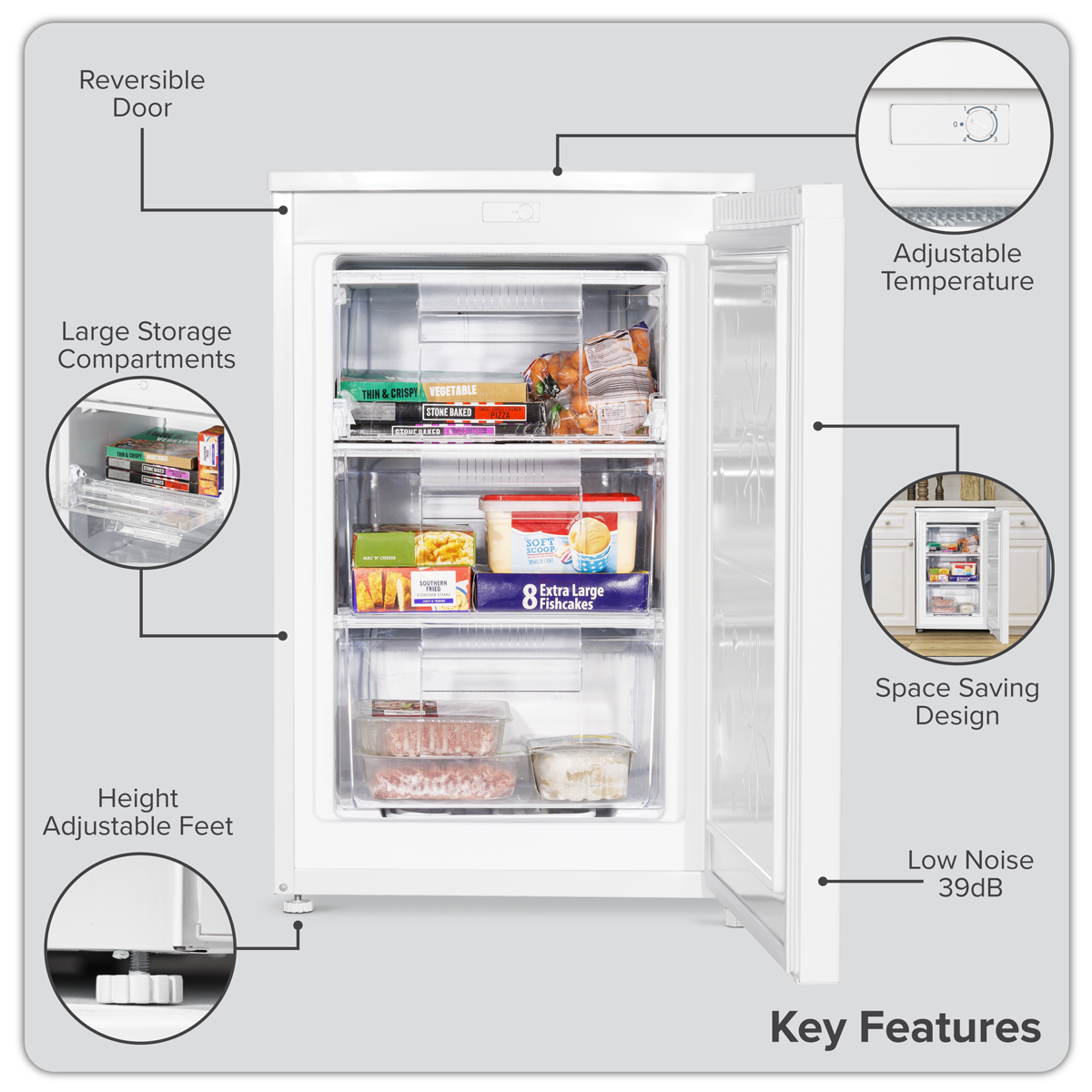 Baridi Freestanding Undercounter Freezer, 85L Capacity, White (DH250)