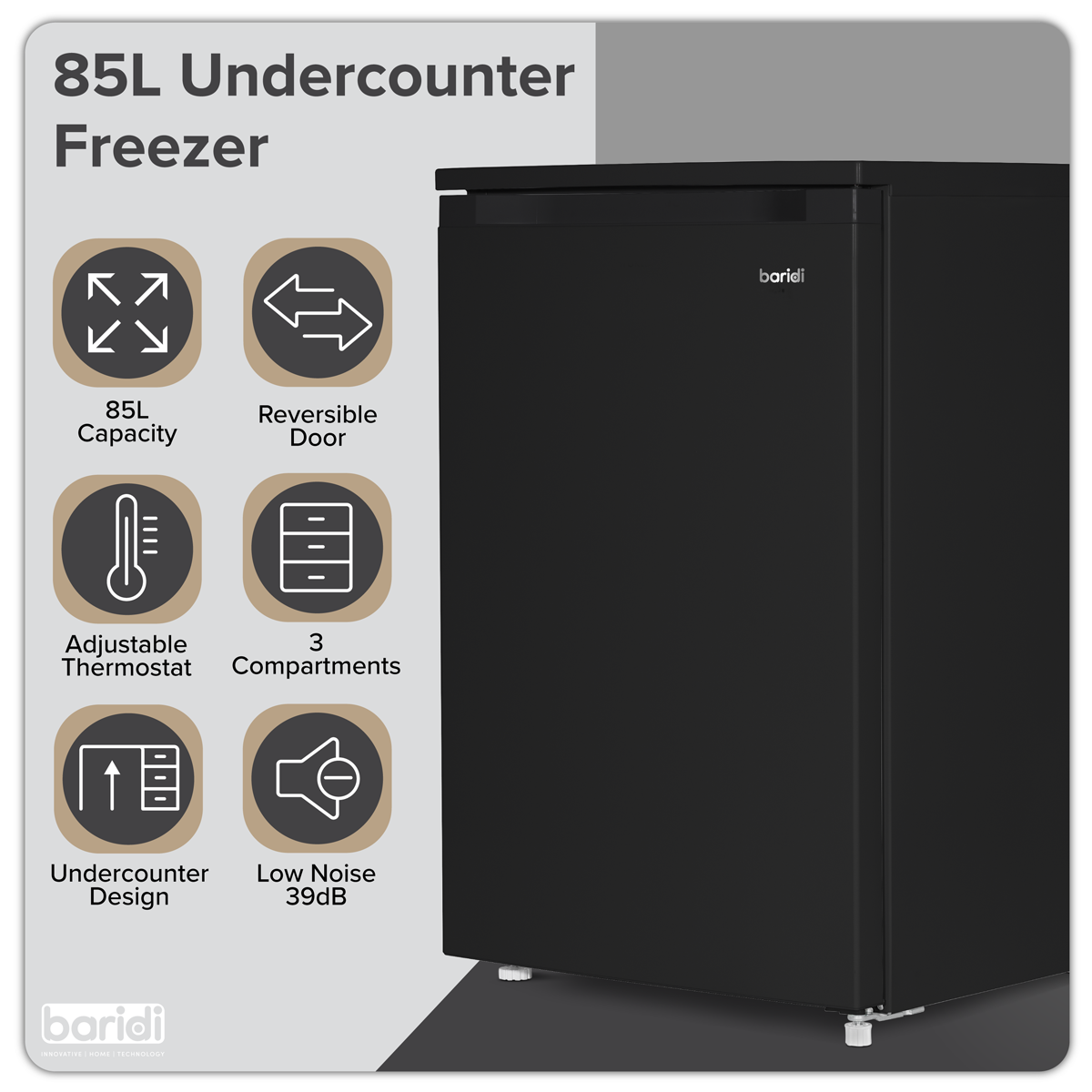 Baridi Freestanding Undercounter Freezer, 85L Capacity, Black (DH251)