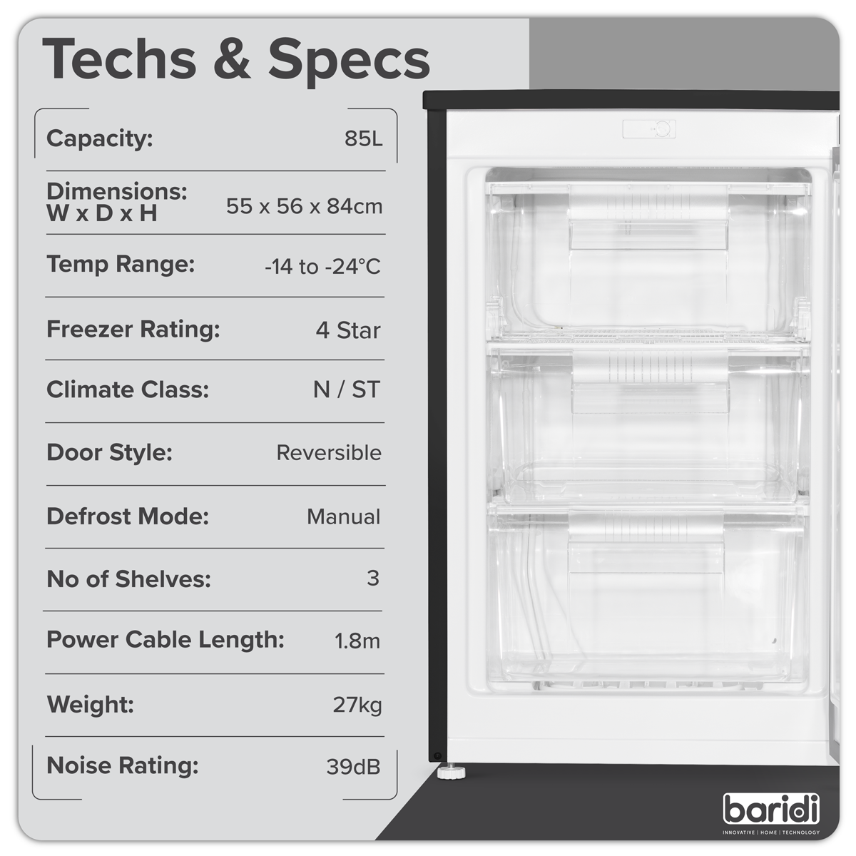 Baridi Freestanding Undercounter Freezer, 85L Capacity, Black (DH251)