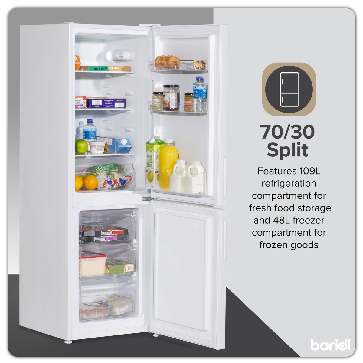 Baridi 70/30 Low Frost Fridge Freezer, 157L Capacity, White (DH252)