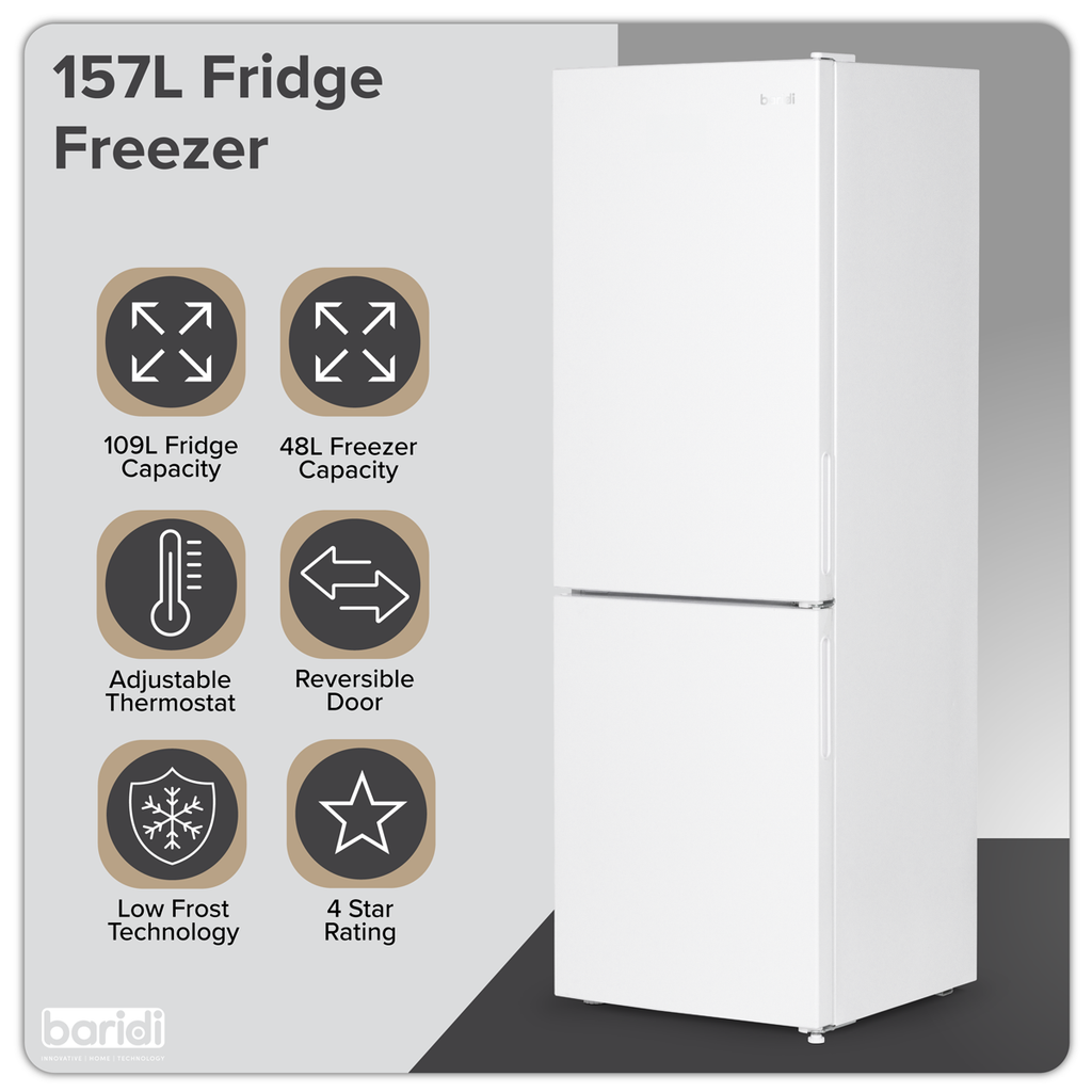 Baridi 70/30 Low Frost Fridge Freezer, 157L Capacity, White (DH252)
