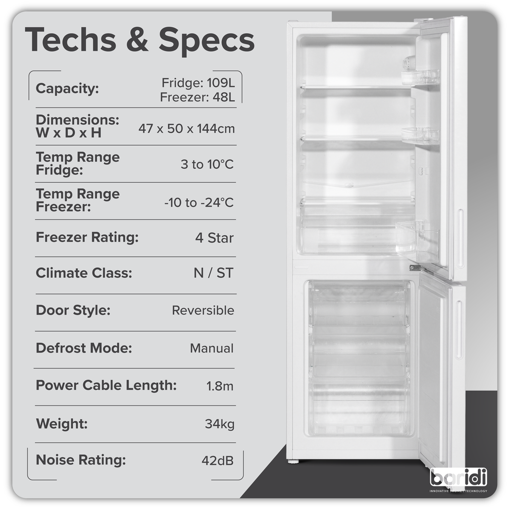 Baridi 70/30 Low Frost Fridge Freezer, 157L Capacity, White (DH252)