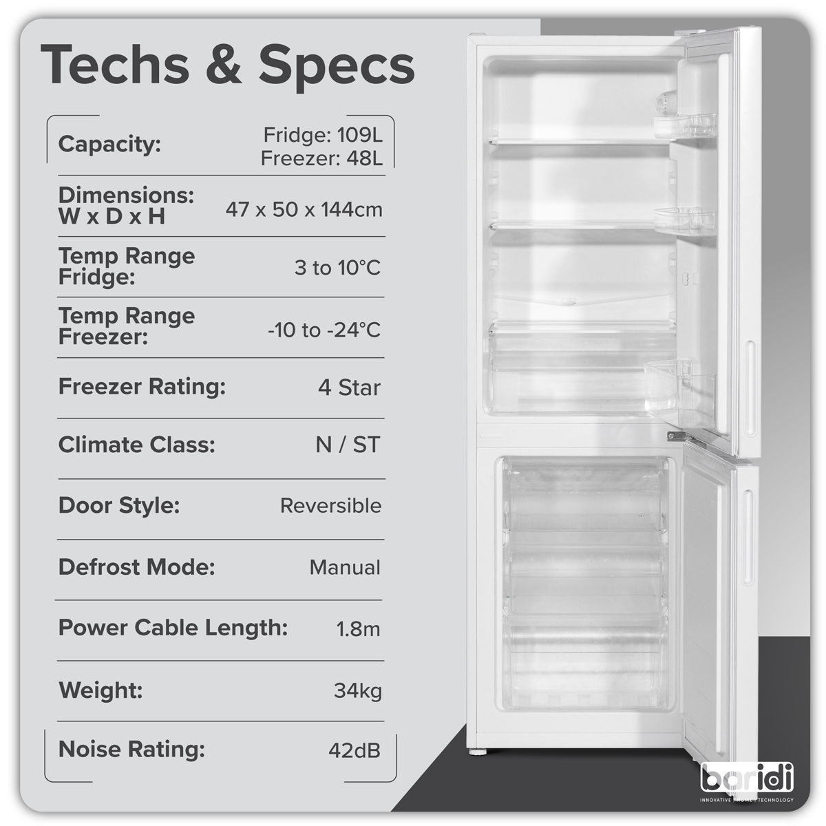 Baridi 70/30 Low Frost Fridge Freezer, 157L Capacity, White (DH252)