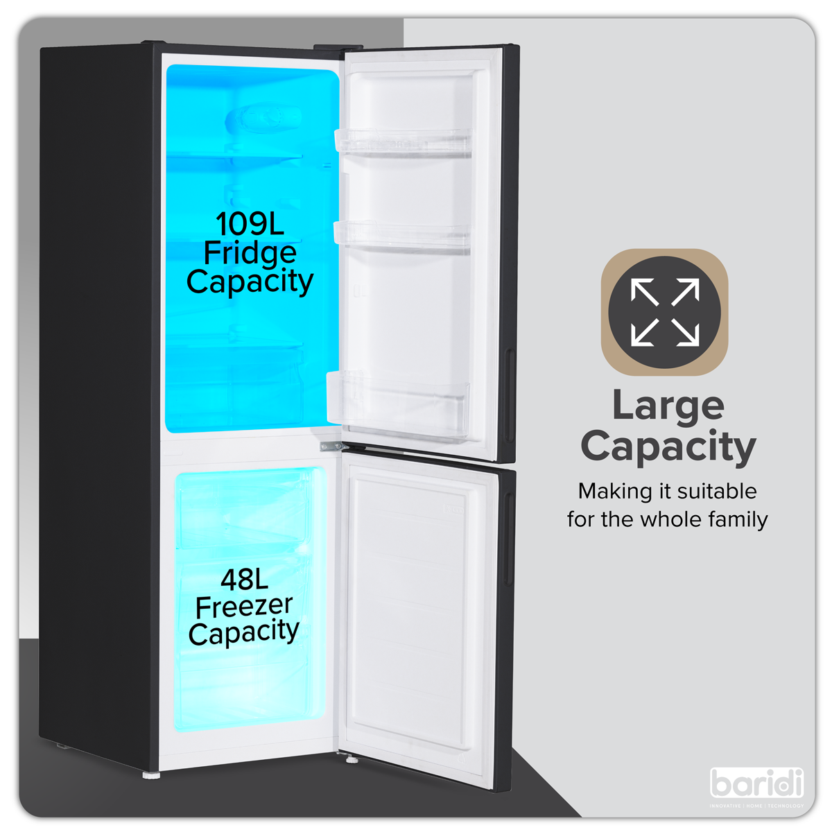 Baridi 70/30 Low Frost Fridge Freezer, 157L Capacity, Black (DH253) (Factory Refurbished B)