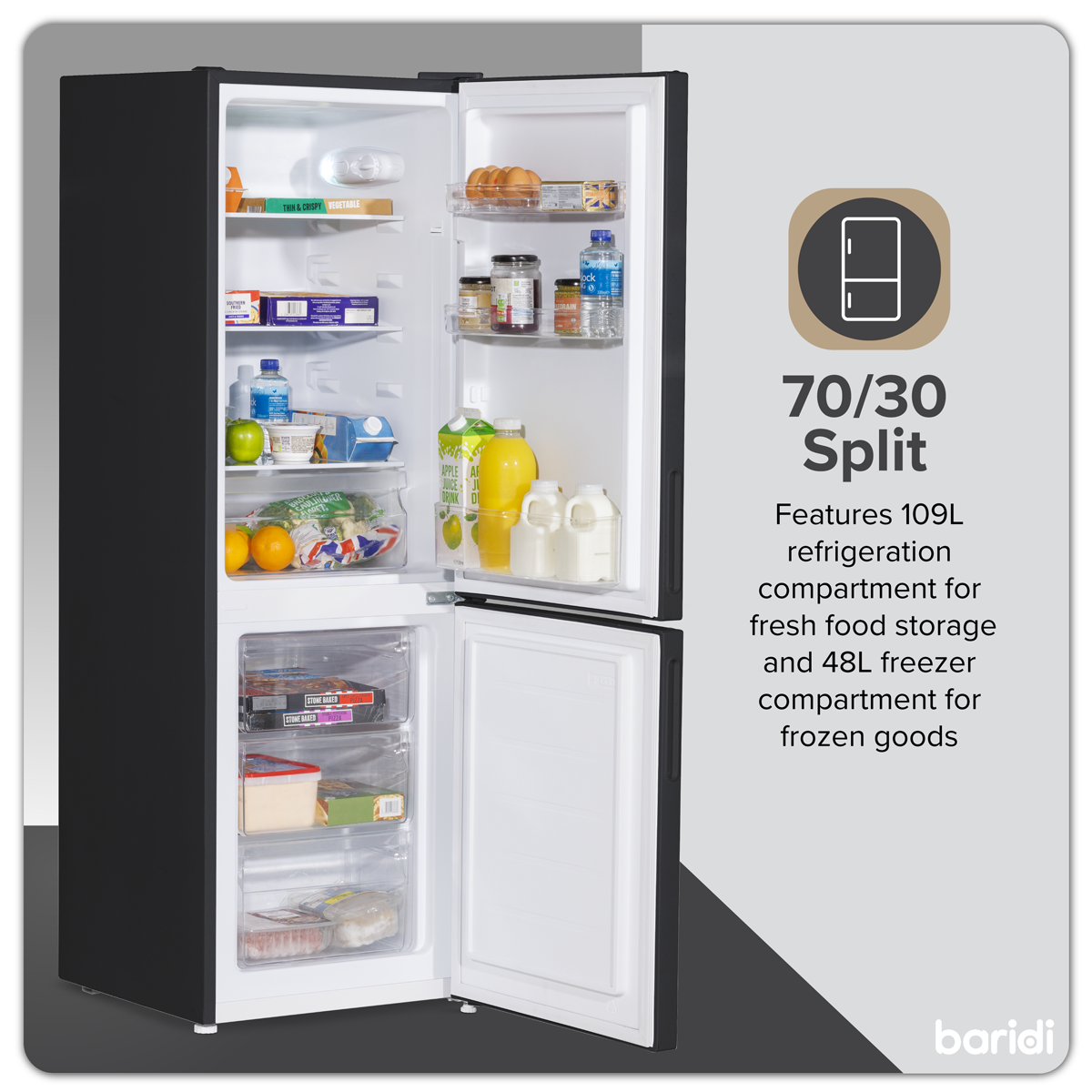 Baridi 70/30 Low Frost Fridge Freezer, 157L Capacity, Black (DH253) (Factory Refurbished B)