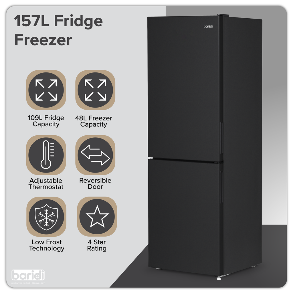 Baridi 70/30 Low Frost Fridge Freezer, 157L Capacity, Black (DH253) (Factory Refurbished B)