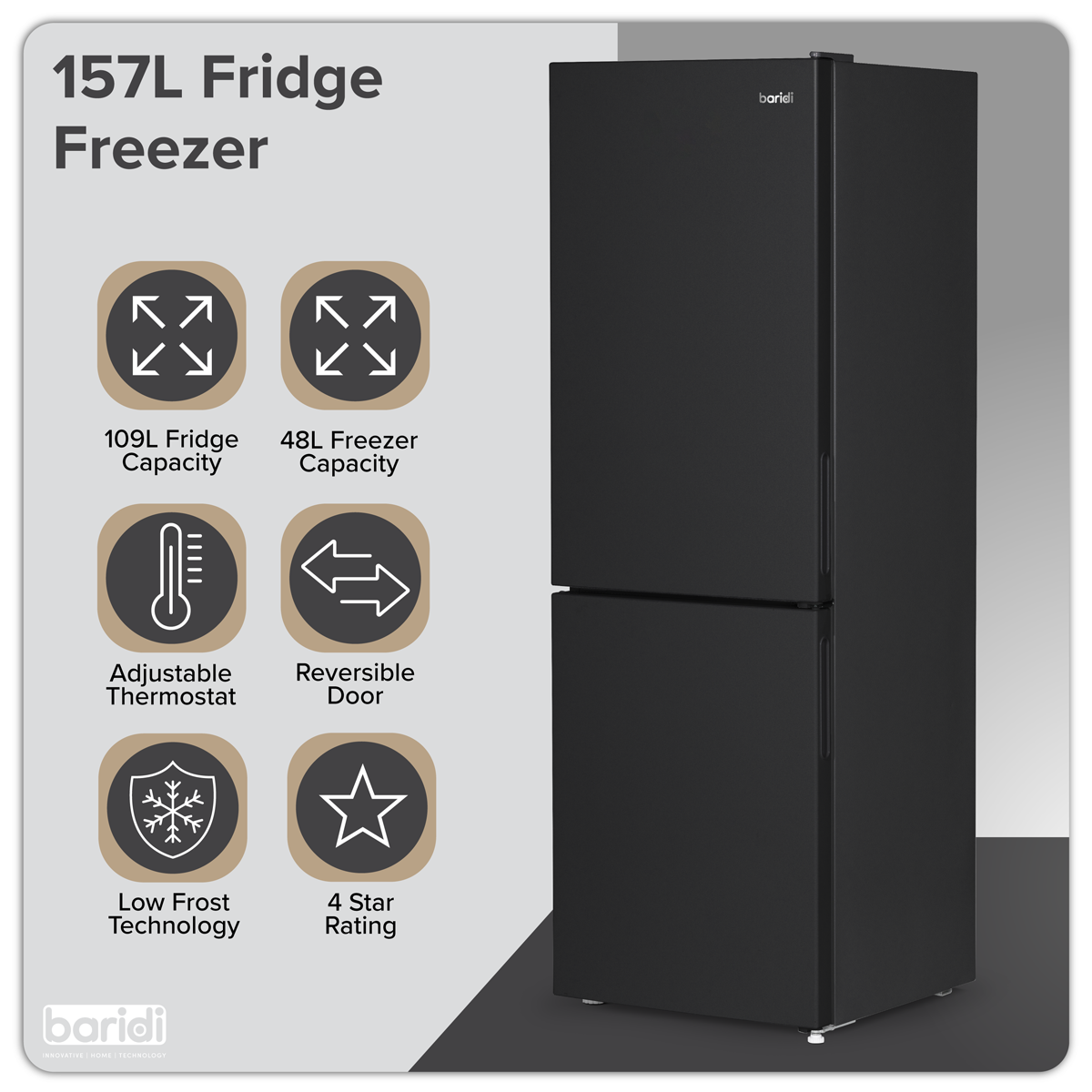 Baridi 70/30 Low Frost Fridge Freezer, 157L Capacity, Black (DH253) (Factory Refurbished B)