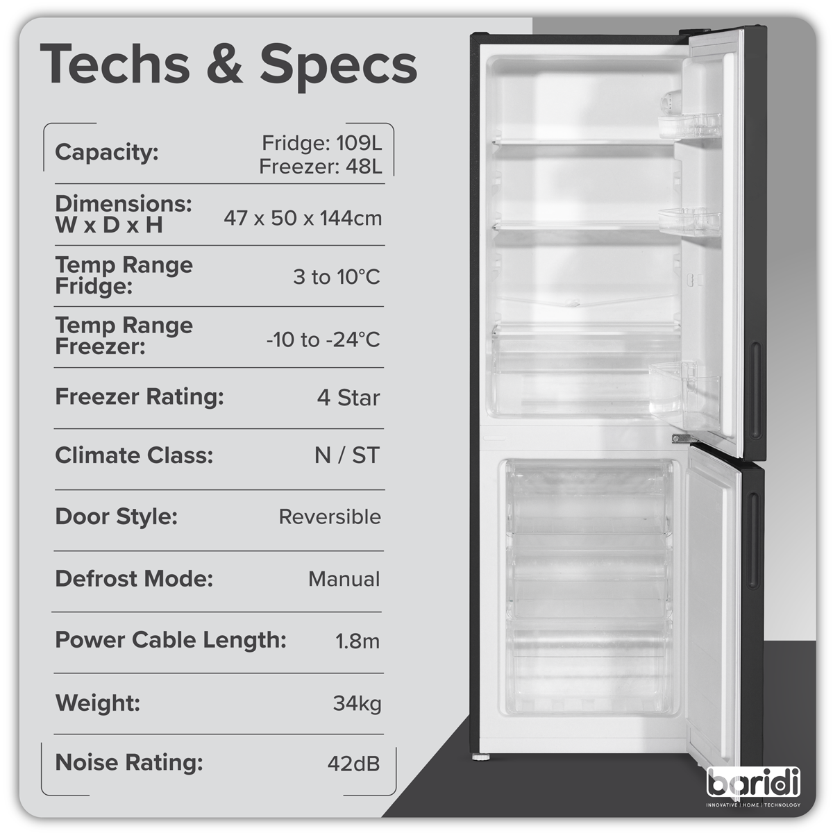 Baridi 70/30 Low Frost Fridge Freezer, 157L Capacity, Black (DH253) (Factory Refurbished B)