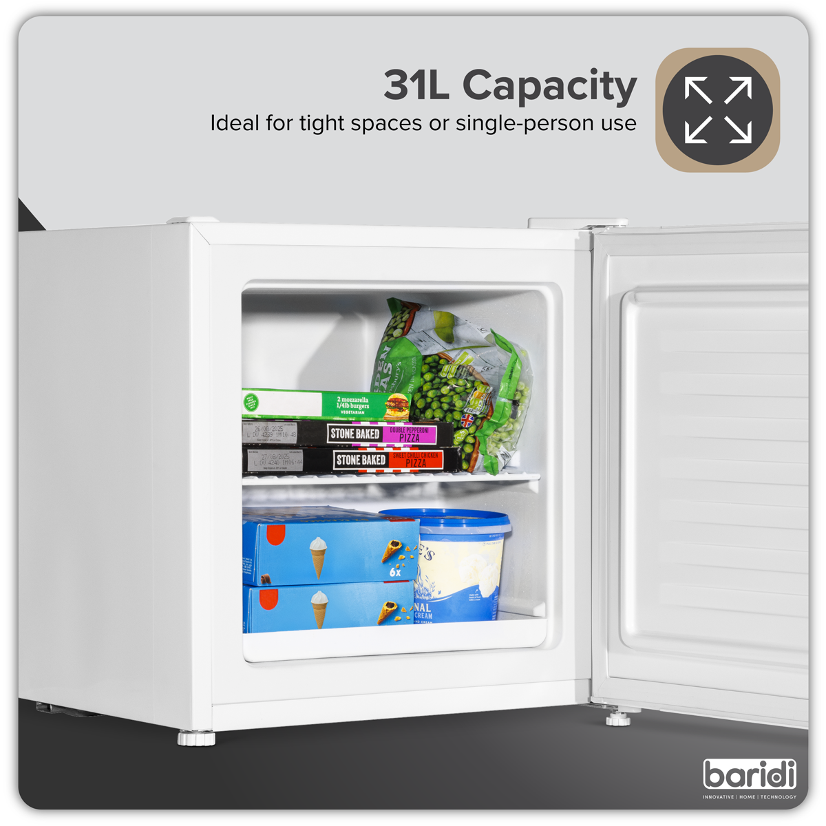 Baridi Mini Tabletop Fridge Freezer, 31L Capacity, White (DH254)
