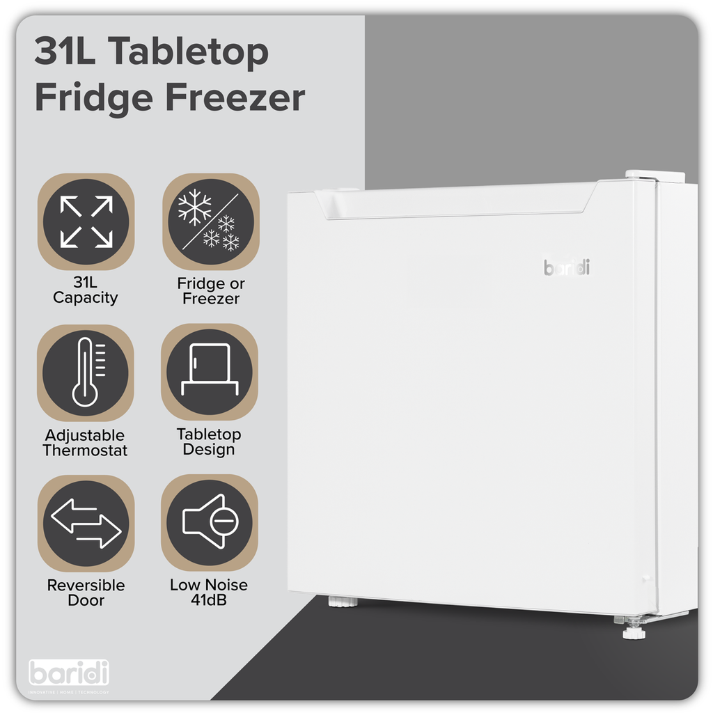 Baridi Mini Tabletop Fridge Freezer, 31L Capacity, White (DH254)