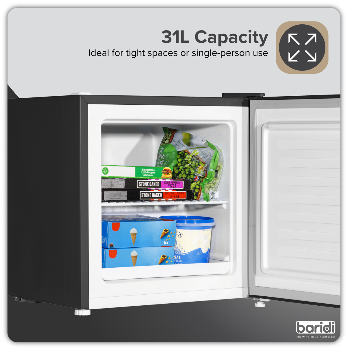 Baridi Mini Tabletop Fridge Freezer, 31L Capacity, Black (DH255)