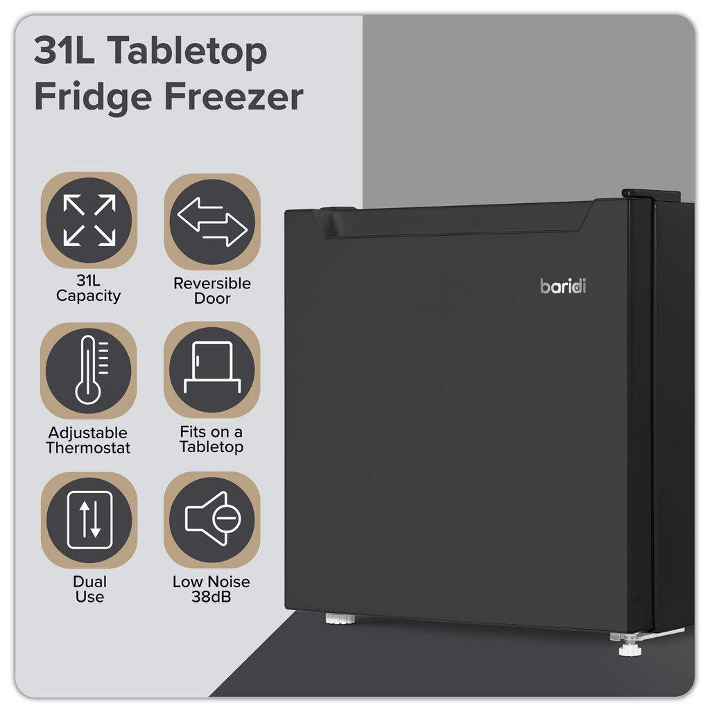 Baridi Mini Tabletop Fridge Freezer, 31L Capacity, Black (DH255)