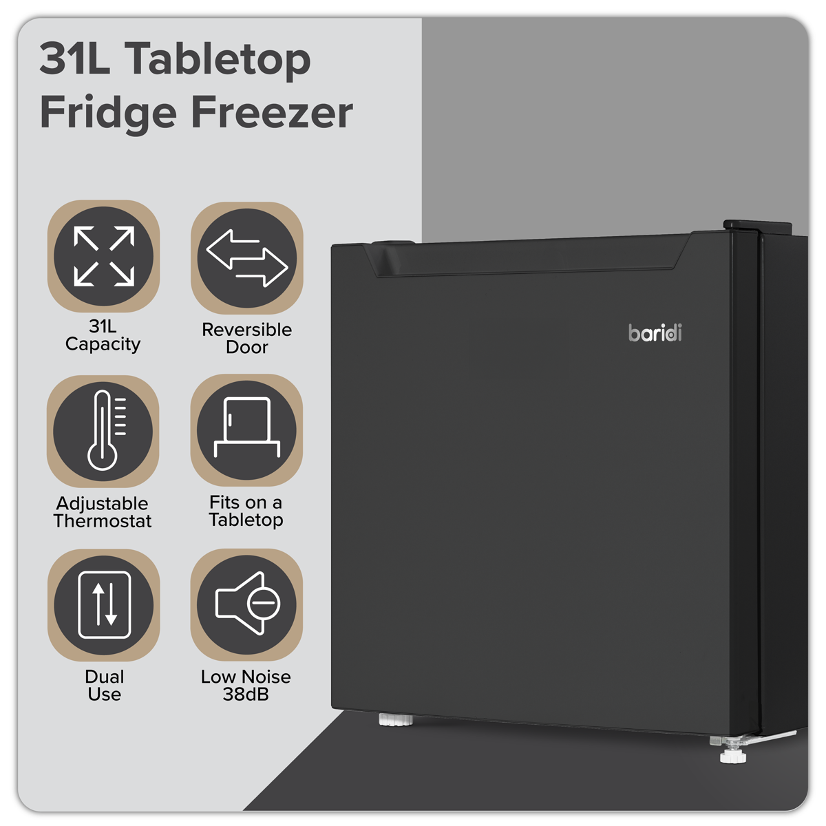 Baridi Mini Tabletop Fridge Freezer, 31L Capacity, Black (DH255)