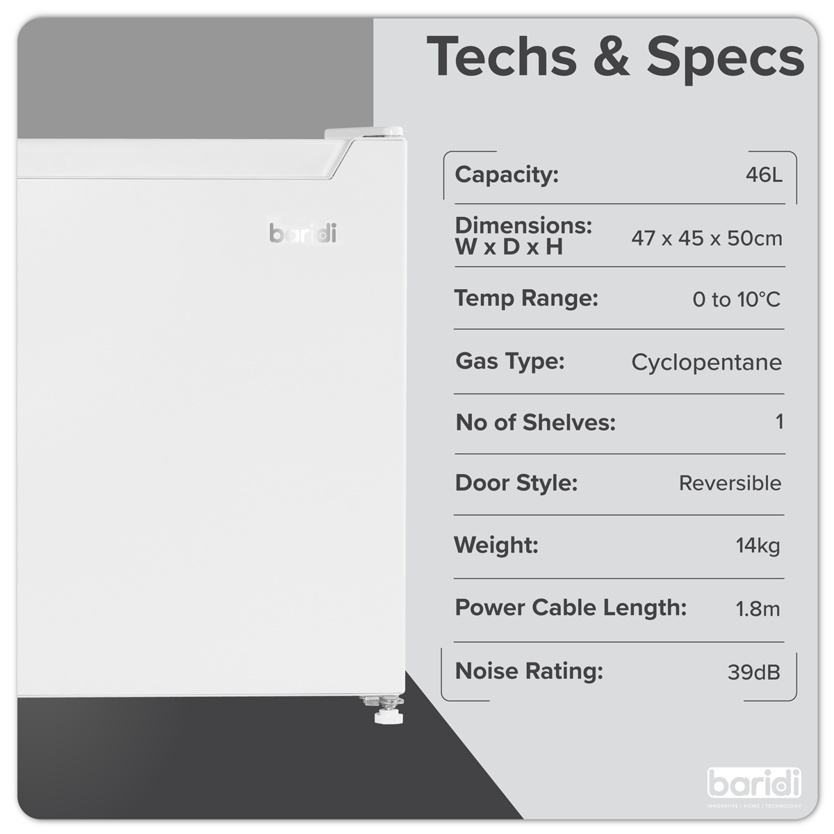 Baridi Tabletop Fridge with Ice Box, 46L Capacity, White (DH256)