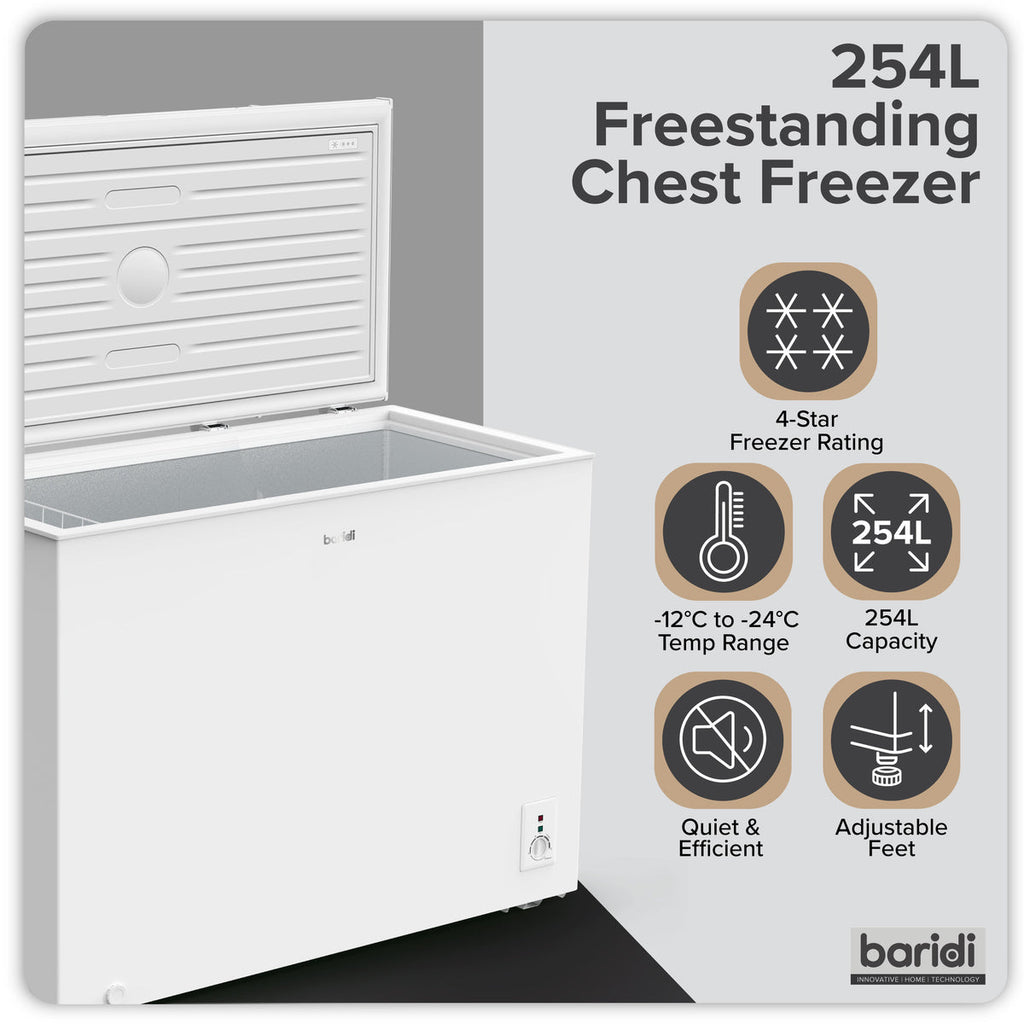 Baridi Freestanding Chest Freezer 254L Capacity - White