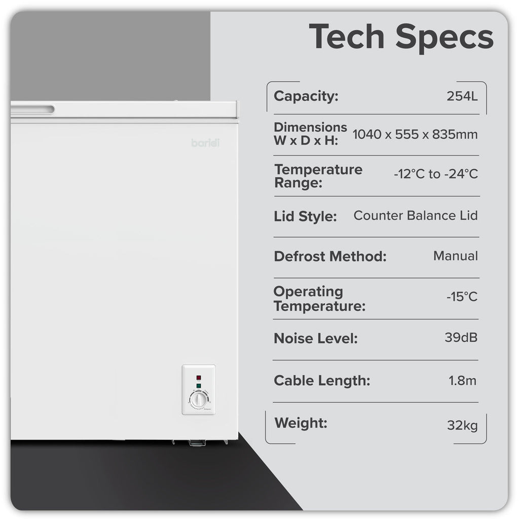 Baridi Freestanding Chest Freezer 254L Capacity - White