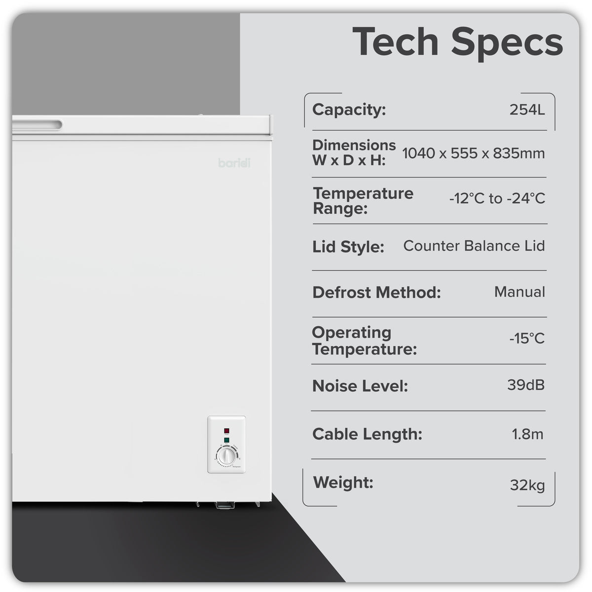 Baridi Freestanding Chest Freezer 254L Capacity - White