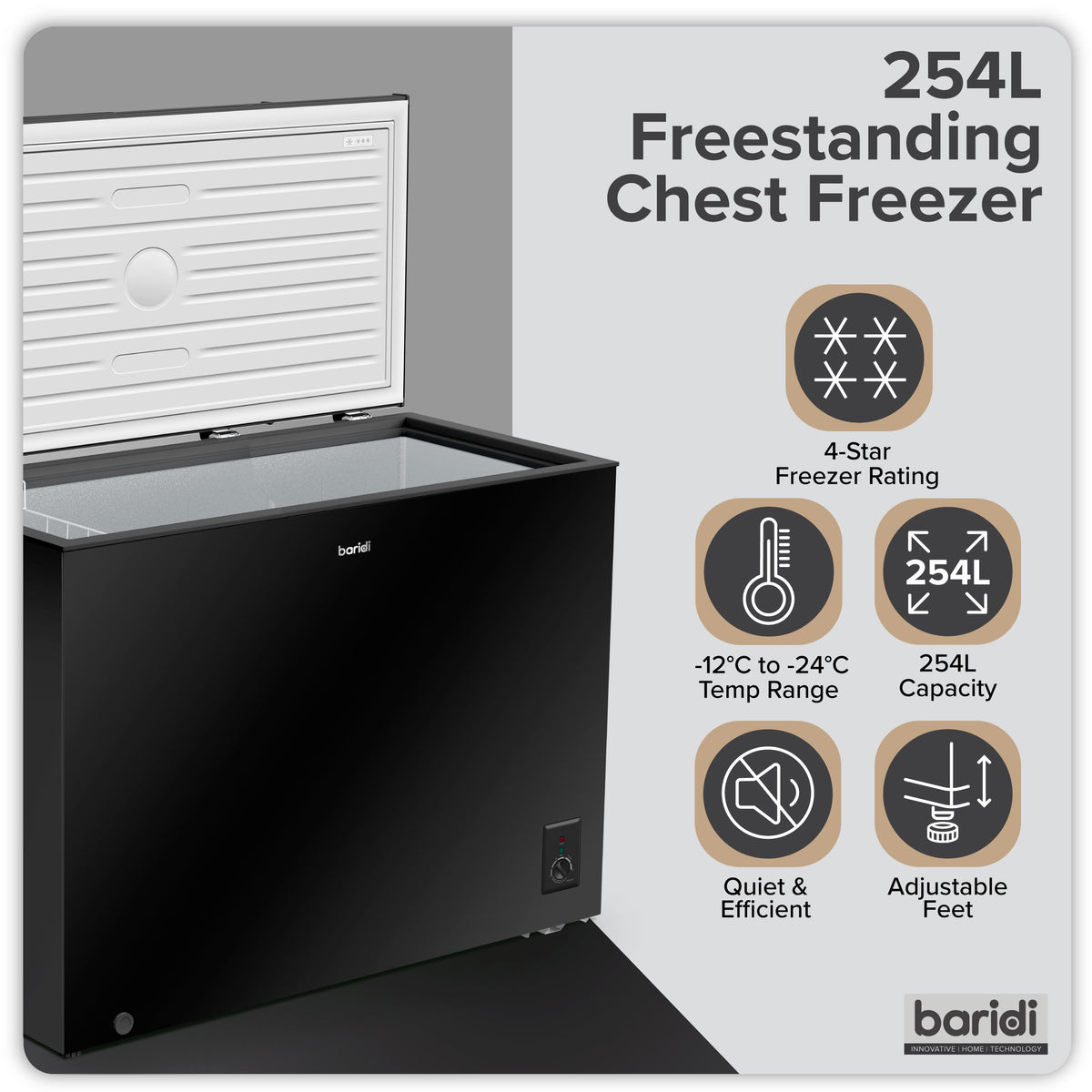 Baridi Freestanding Chest Freezer 254L Capacity - Black