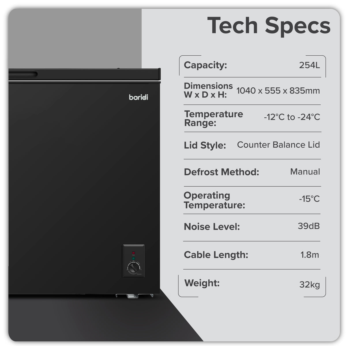 Baridi Freestanding Chest Freezer 254L Capacity - Black
