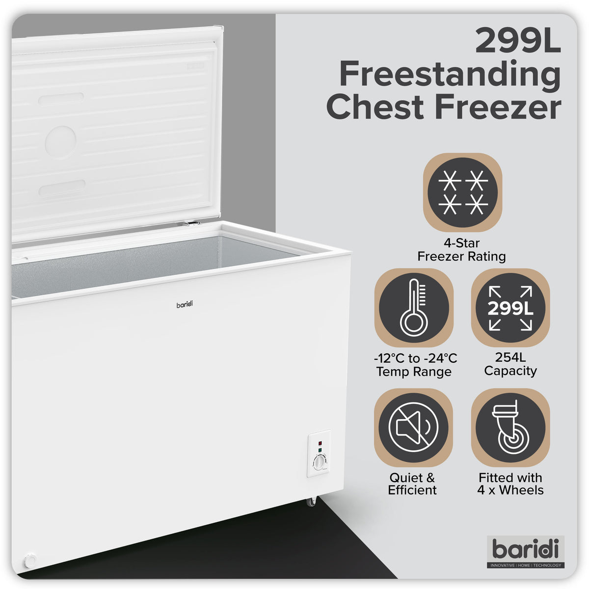 Baridi Freestanding Chest Freezer 299L Capacity - White