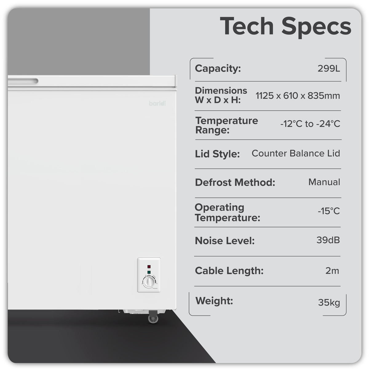 Baridi Freestanding Chest Freezer 299L Capacity - White