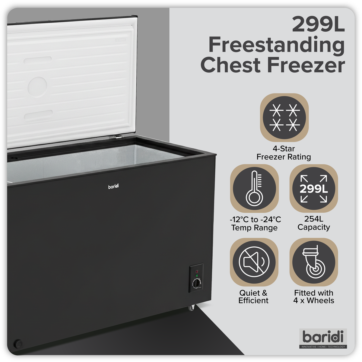 Baridi Freestanding Chest Freezer 299L Capacity - Black