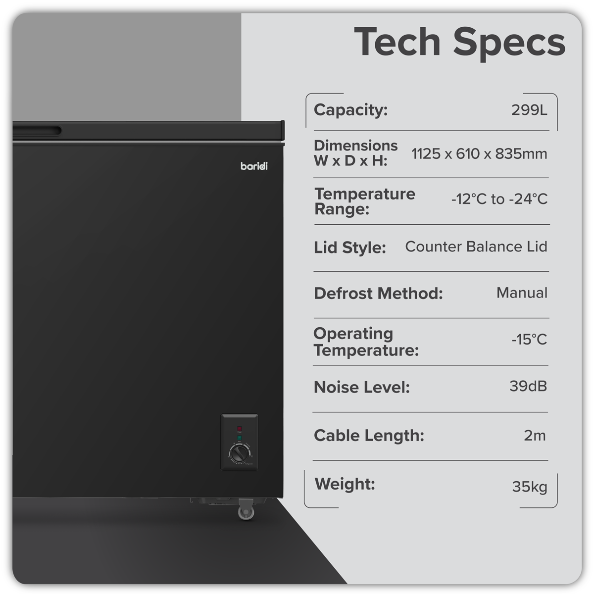 Baridi Freestanding Chest Freezer 299L Capacity - Black