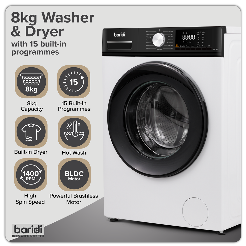Baridi 8/5kg Washer Dryer, Front Loading, 1400rpm, White