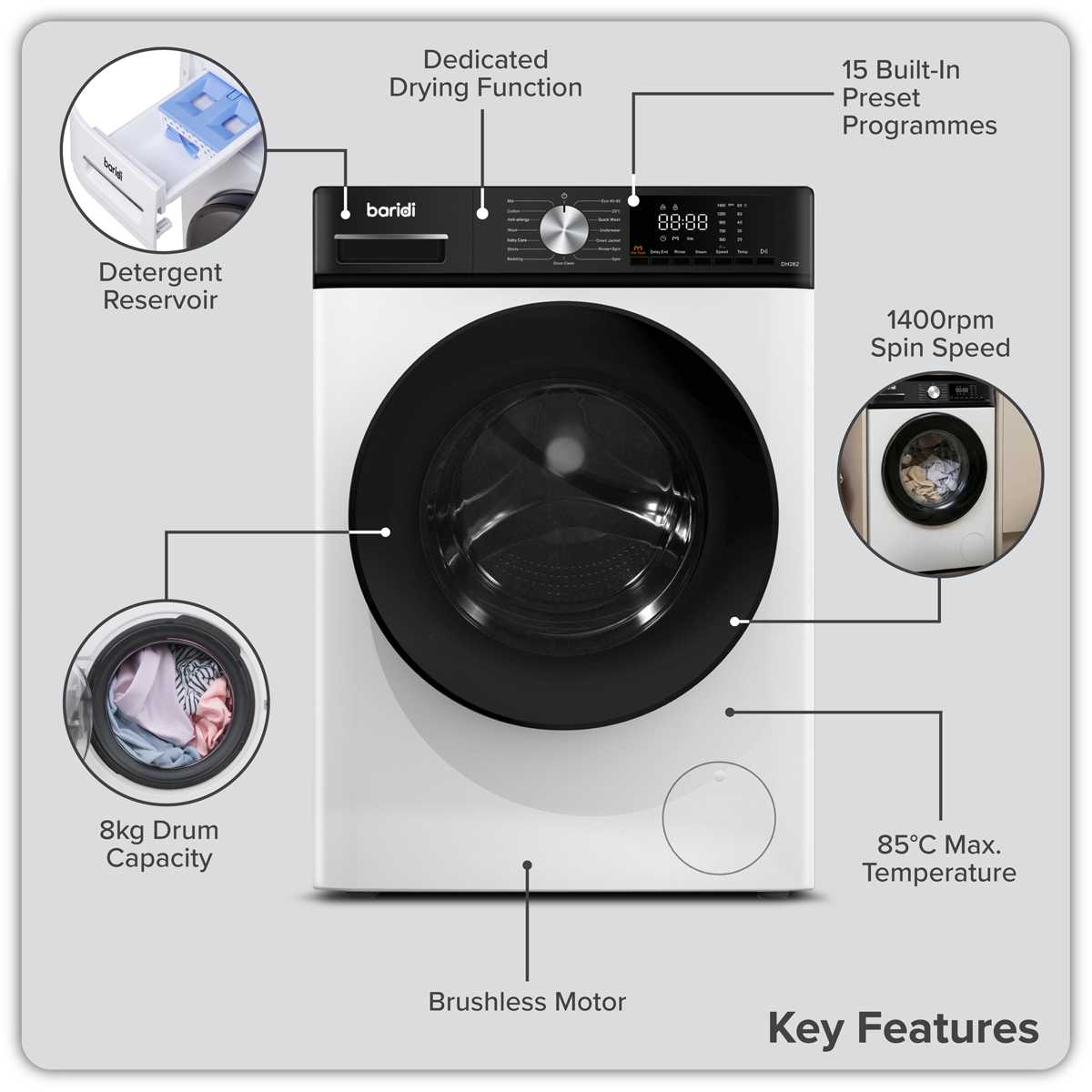 Baridi 8/5kg Washer Dryer, Front Loading, 1400rpm, White